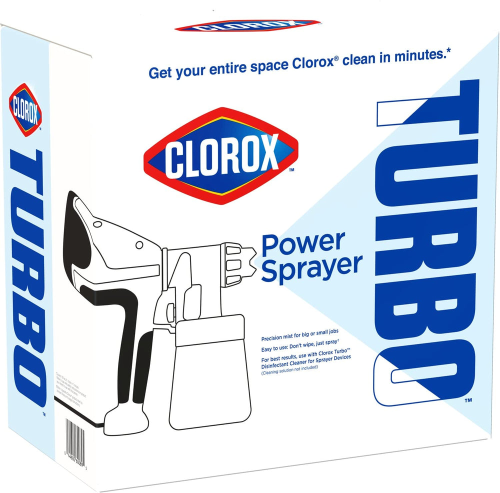 Clorox Turbo sprayer beside hand for scale showing portable corded design advantage