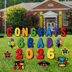 clothmile front view of full 23-piece graduation yard sign set, bright celebration