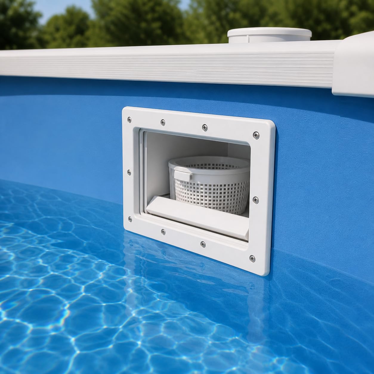CLSR2U skimmer installed on above-ground pool showing ready-to-use setup benefit