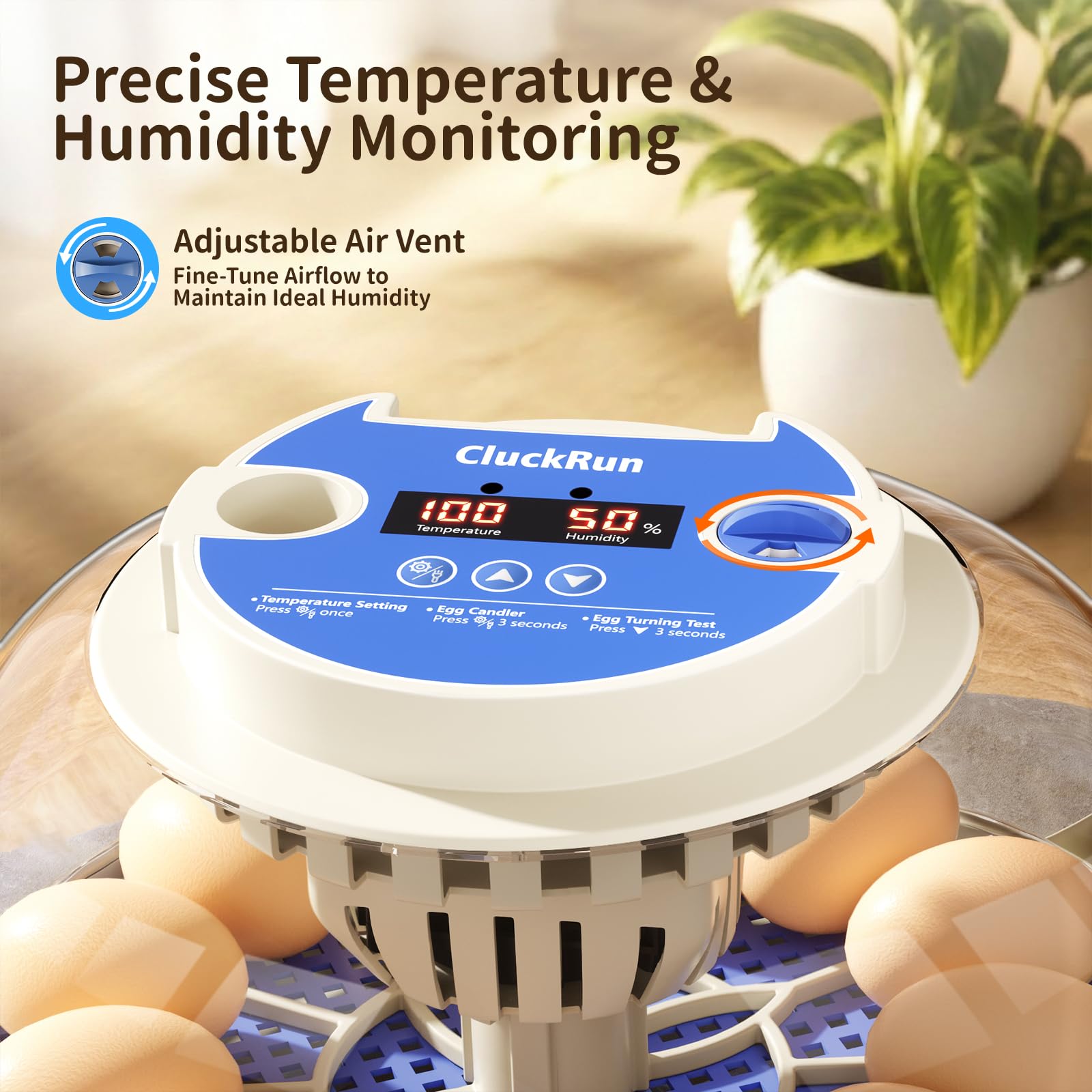 CluckRun digital display closeup showing temperature and humidity for precise control
