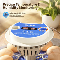 CluckRun digital display closeup showing temperature and humidity for precise control