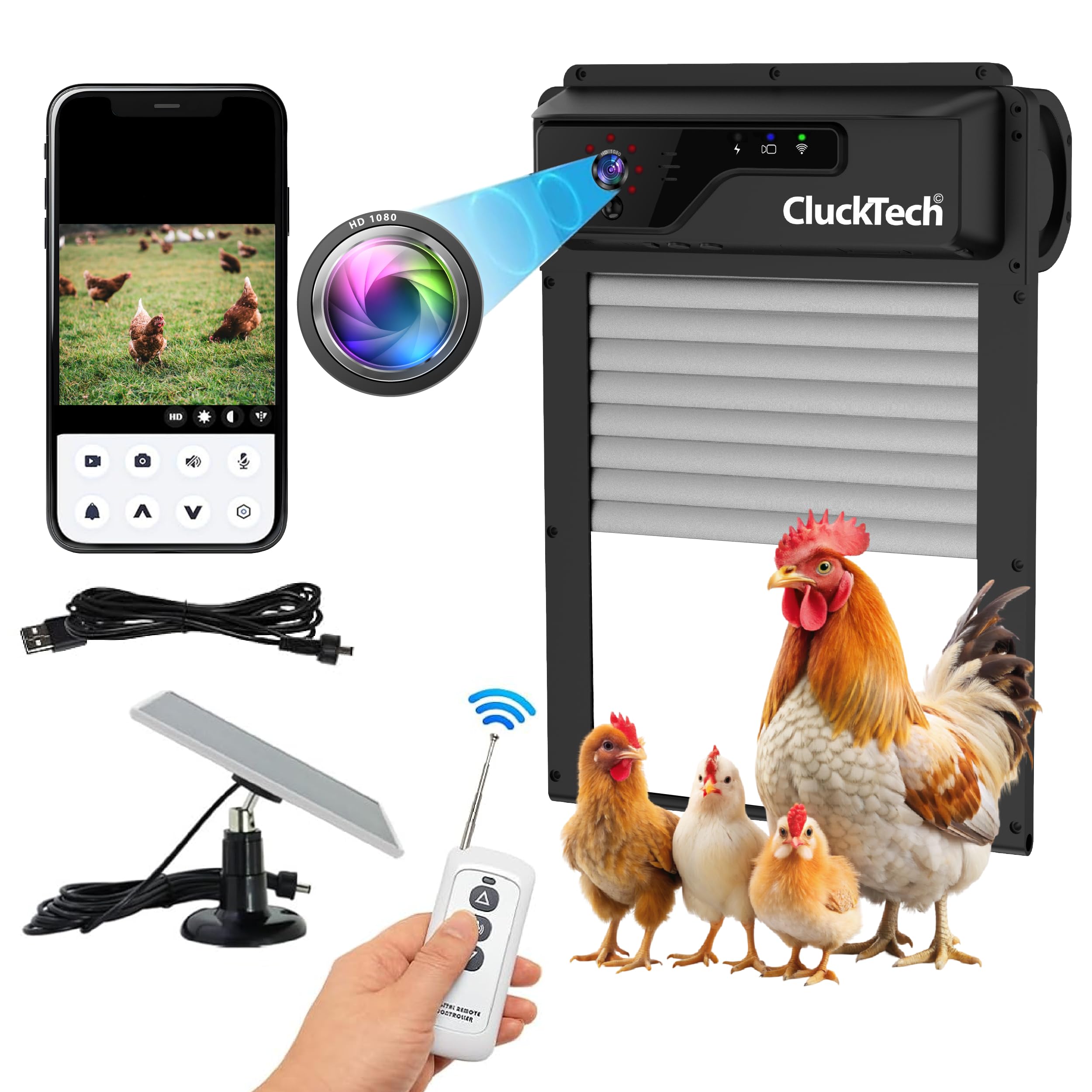 CLUCKTECH front view of assembled coop door showing sturdy build and weatherproof benefit