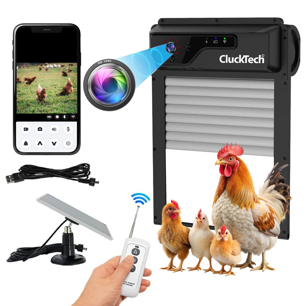 CLUCKTECH front view of assembled coop door showing sturdy build and weatherproof benefit