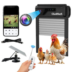 CLUCKTECH front view of assembled coop door showing sturdy build and weatherproof benefit