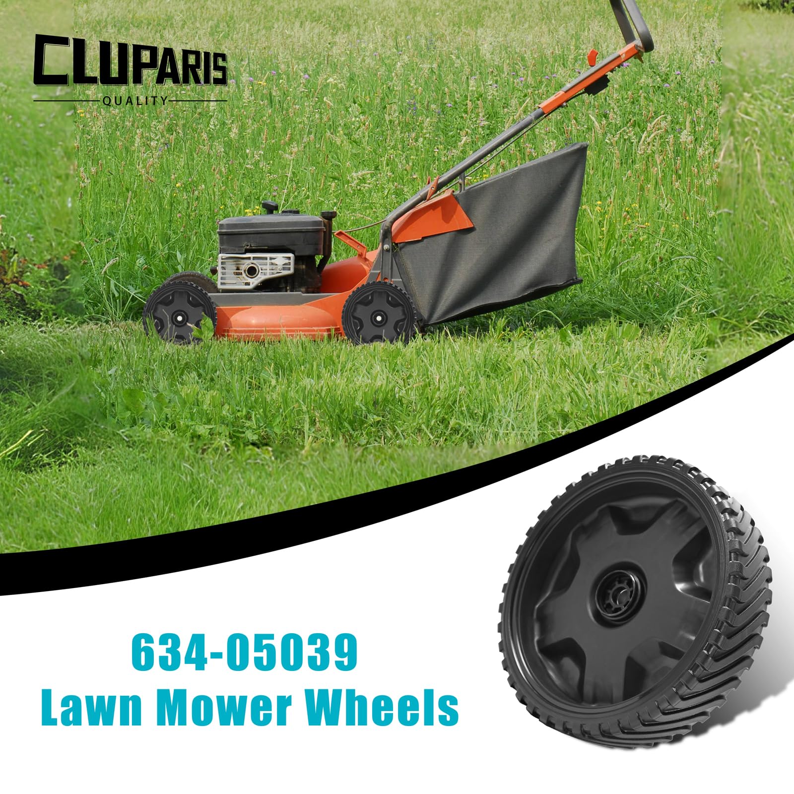 Cluparis front wheel packaging and label showing part compatibility for buyer confidence