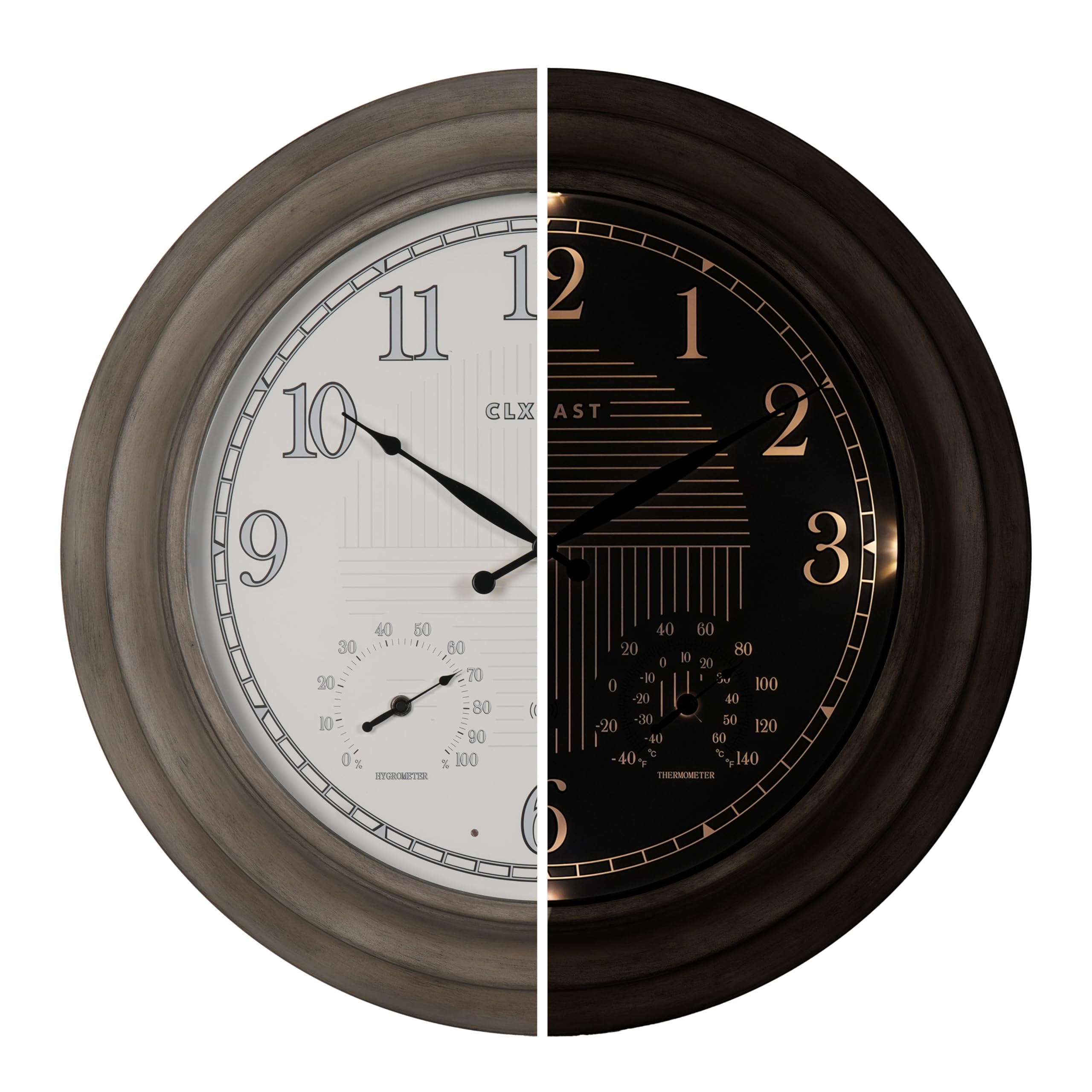 CLXEAST front view of 24" clock showing clear oversized numerals and classic finish