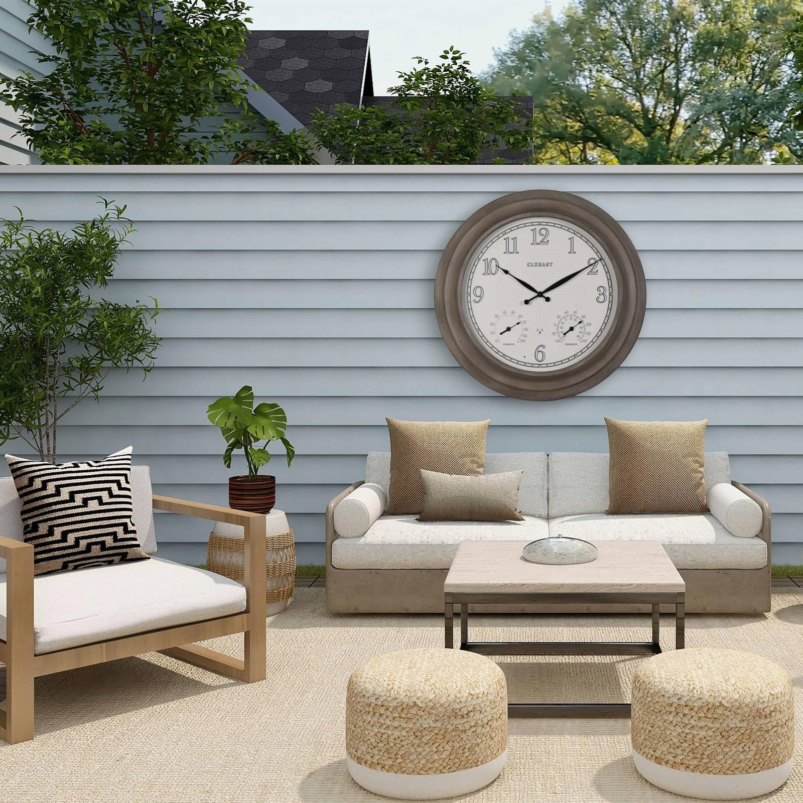 CLXEAST lifestyle image on porch demonstrating style and functional outdoor timekeeping