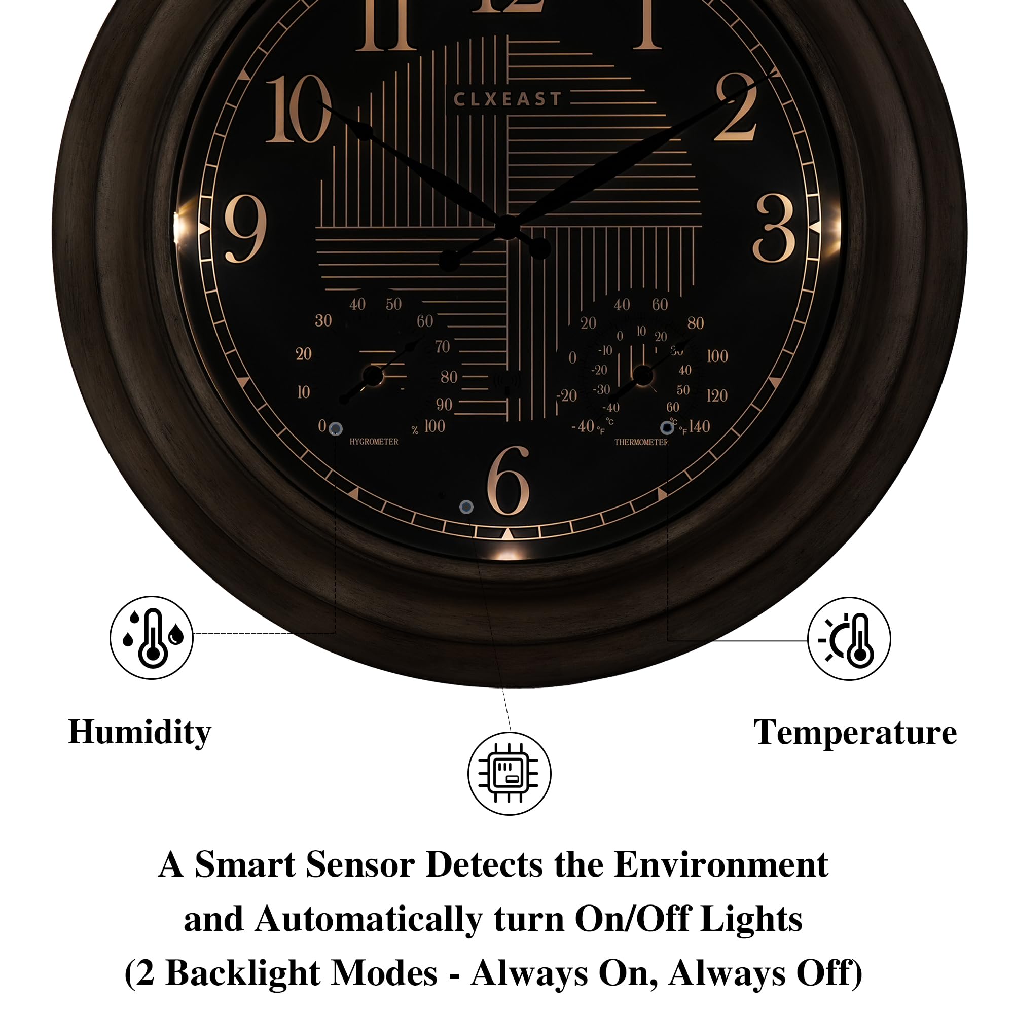 CLXEAST closeup of built-in thermometer and hygrometer displaying environmental values