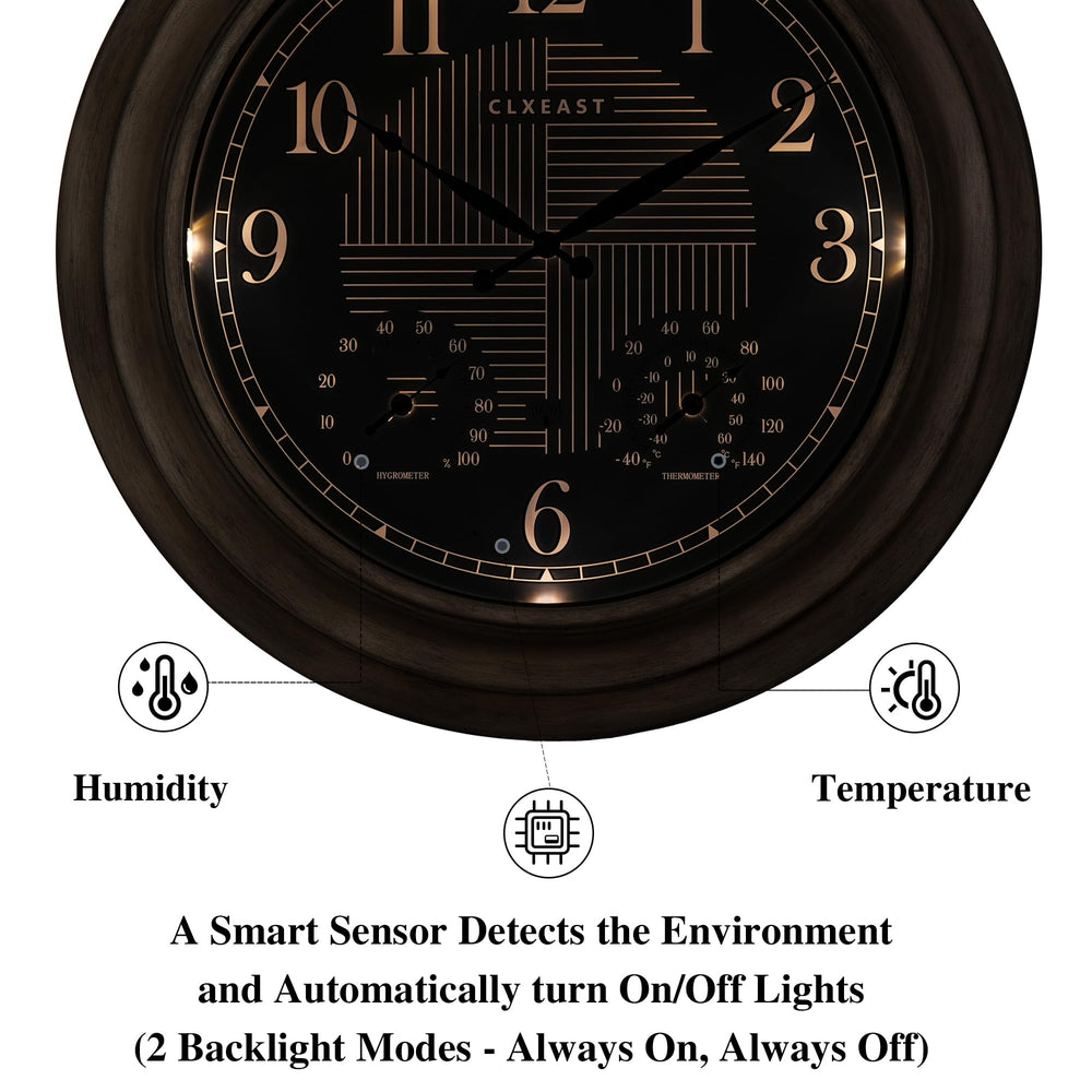 CLXEAST closeup of built-in thermometer and hygrometer displaying environmental values
