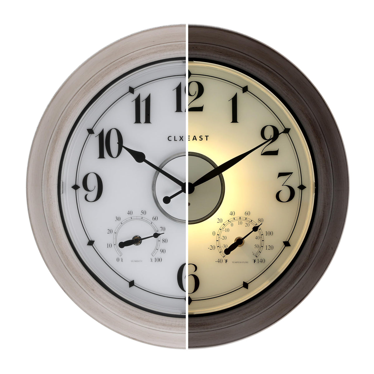 CLXEAST front view of 18-inch patio clock showing bold numerals and weathered finish