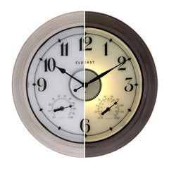 CLXEAST front view of 18-inch patio clock showing bold numerals and weathered finish