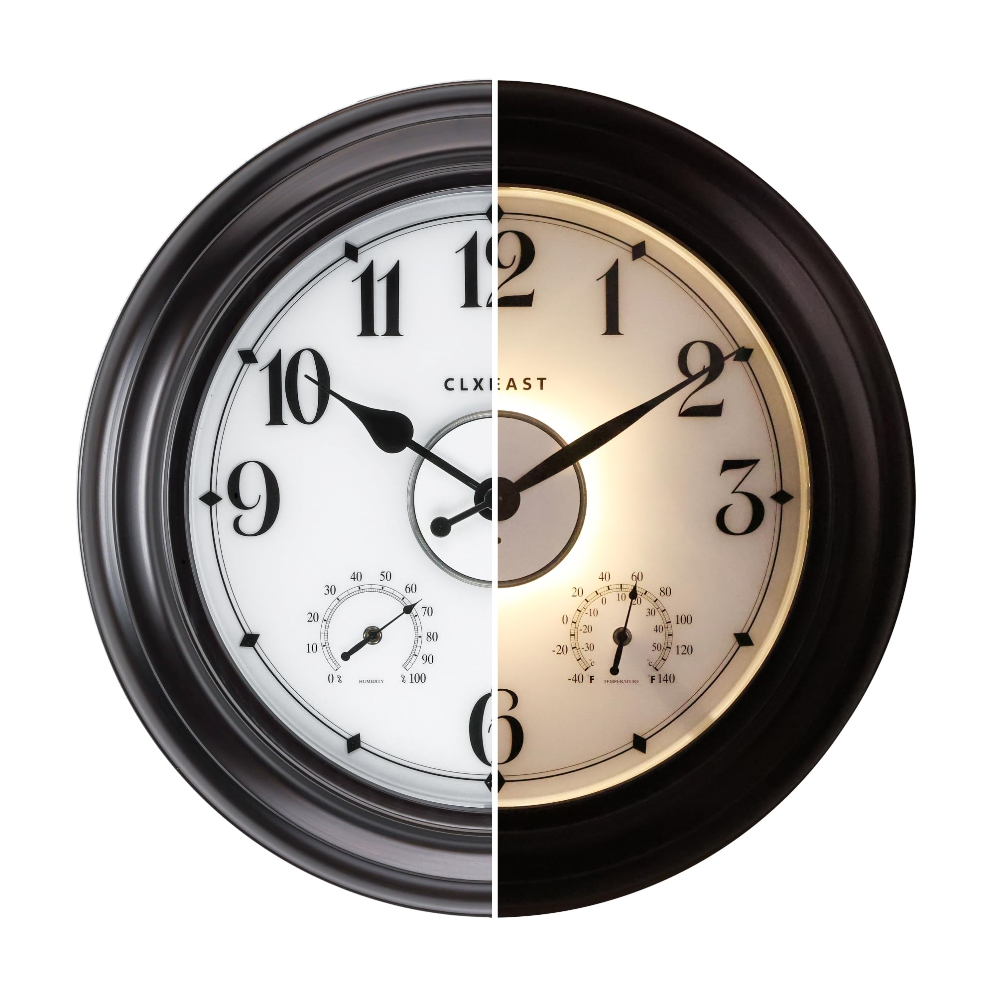 CLXEAST front view of 24-inch outdoor clock showing clear readable dial and benefit durable timekeeping