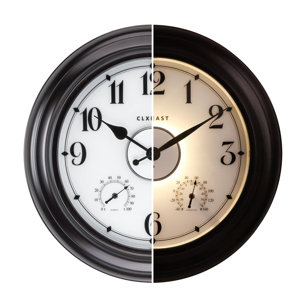 CLXEAST front view of 24-inch outdoor clock showing clear readable dial and benefit durable timekeeping