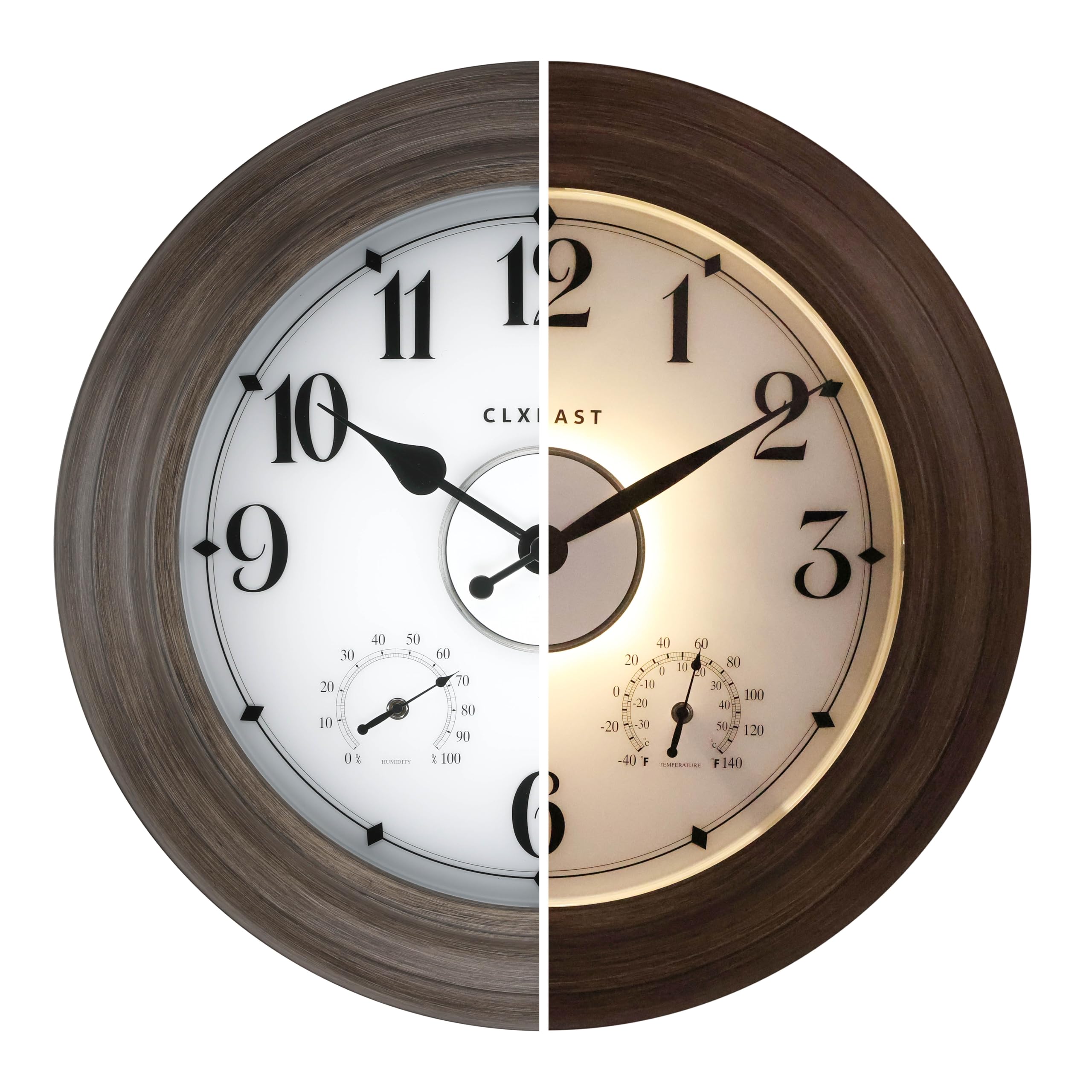 CLXEAST front view showing 24-inch gray oak clock and clear numerals