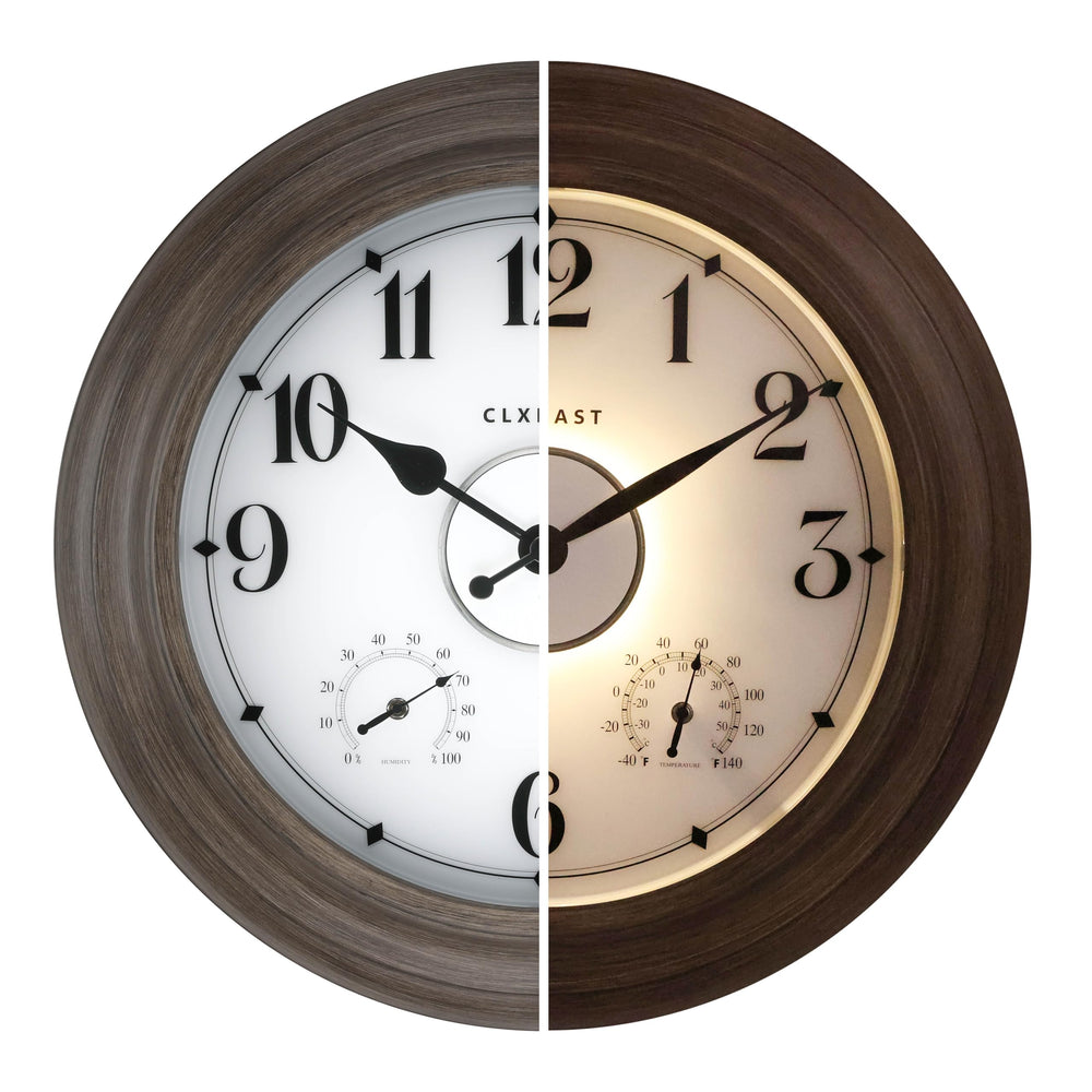 CLXEAST front view showing 24-inch gray oak clock and clear numerals