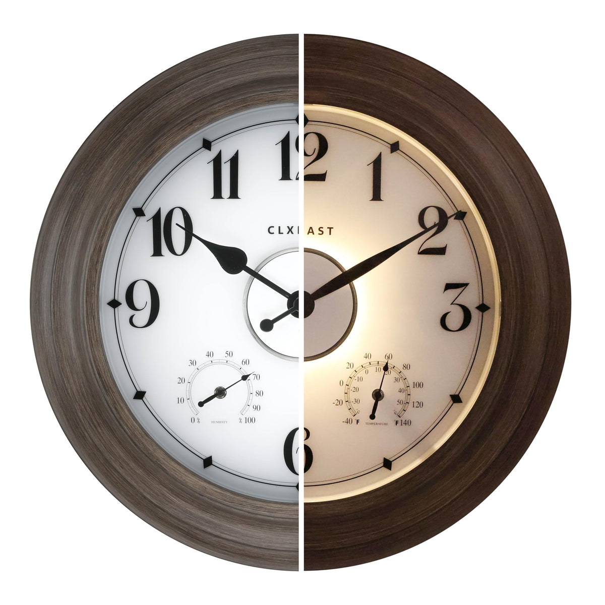 CLXEAST front view showing 24-inch gray oak clock and clear numerals