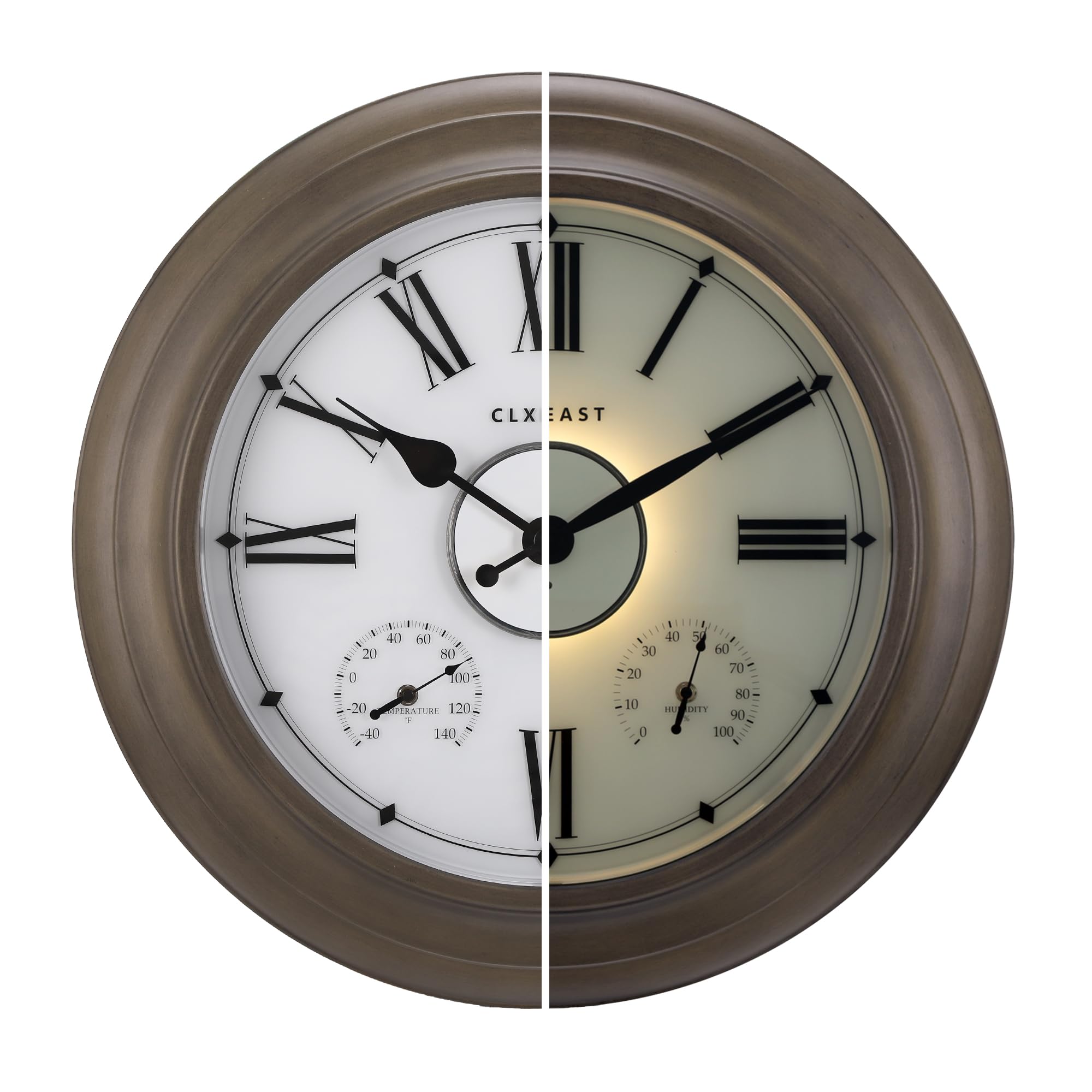 CLXEAST front view gray oak clock showing readable large numerals and durable finish