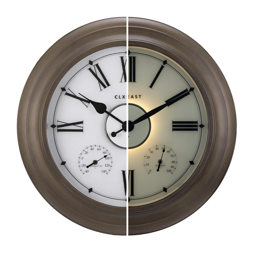 CLXEAST front view gray oak clock showing readable large numerals and durable finish