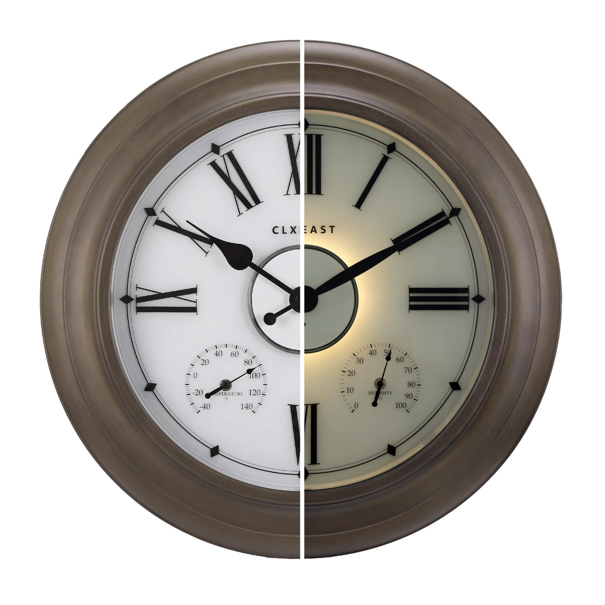 CLXEAST front view gray oak clock showing readable large numerals and durable finish