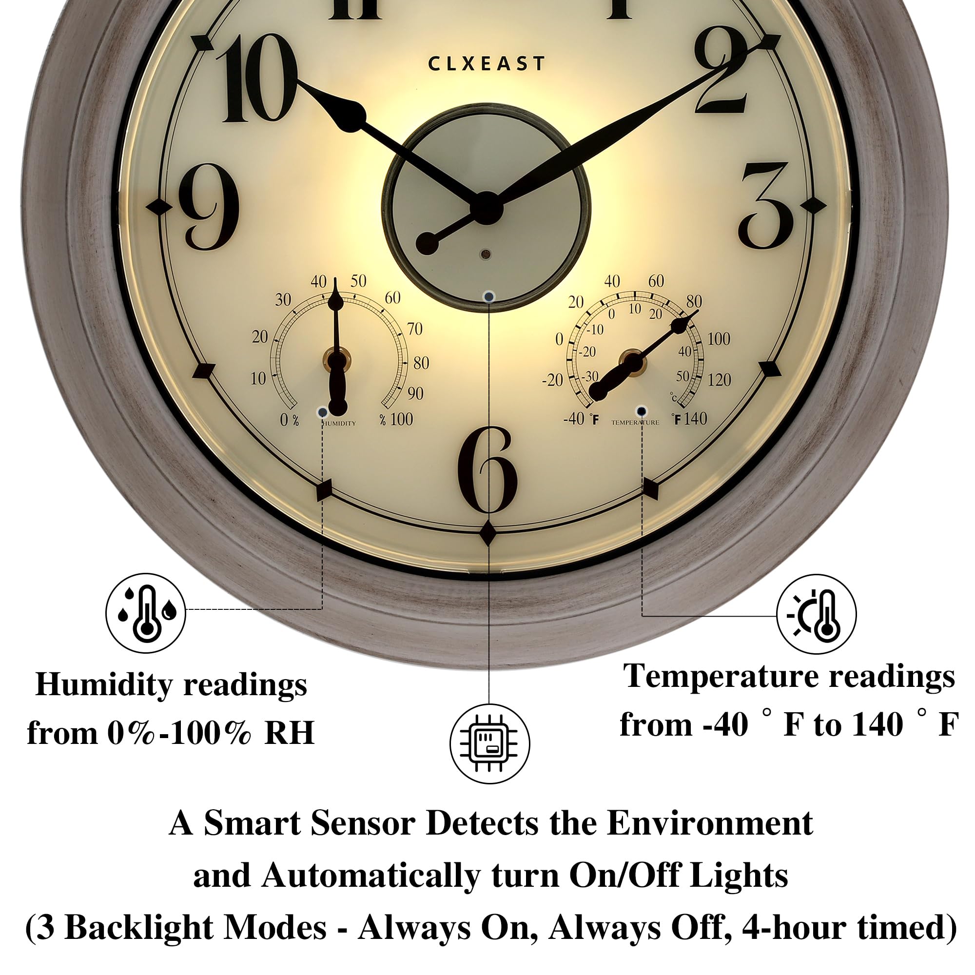 CLXEAST illuminated clock at night with warm backlight for clear time viewing