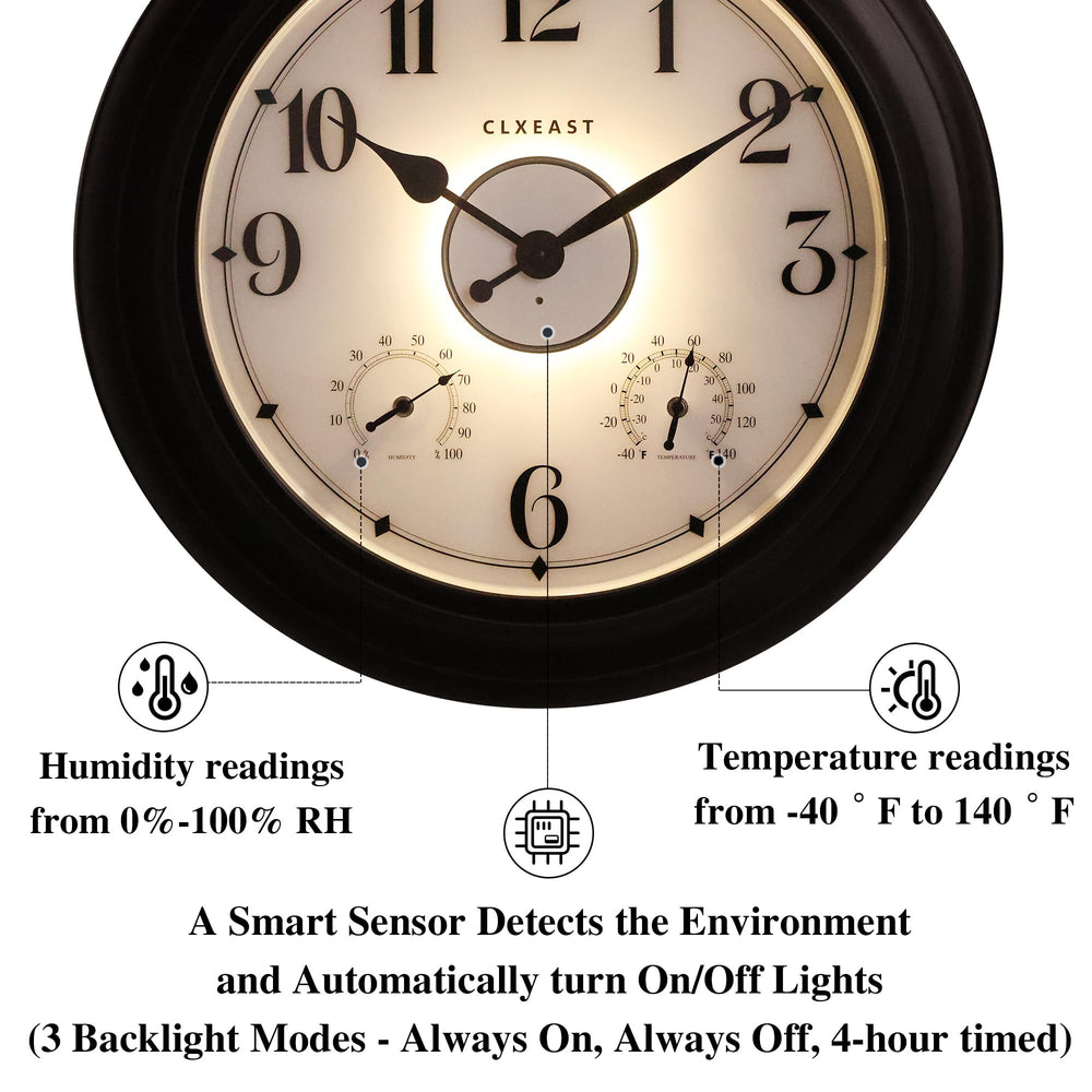 CLXEAST clock lit at night with warm backlight aiding nighttime visibility and ambiance