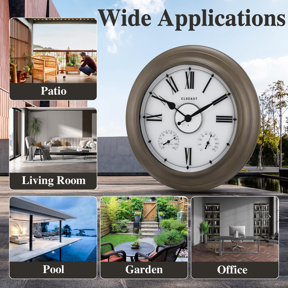 CLXEAST mounted on patio wall showing elegant outdoor decor and easy readability