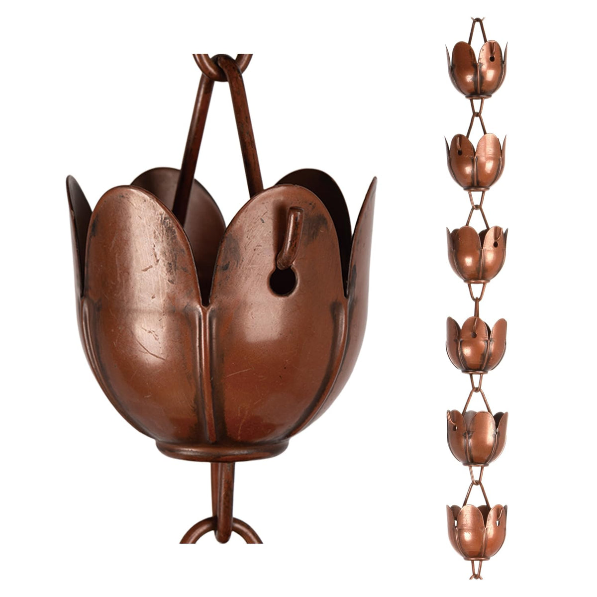 CLYB front view of 6ft lotus rain chain showing decorative profile and finish, enhances curb appeal