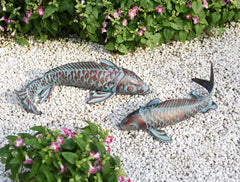 CLYB front view of koi fish statues showing antique copper finish and curb appeal