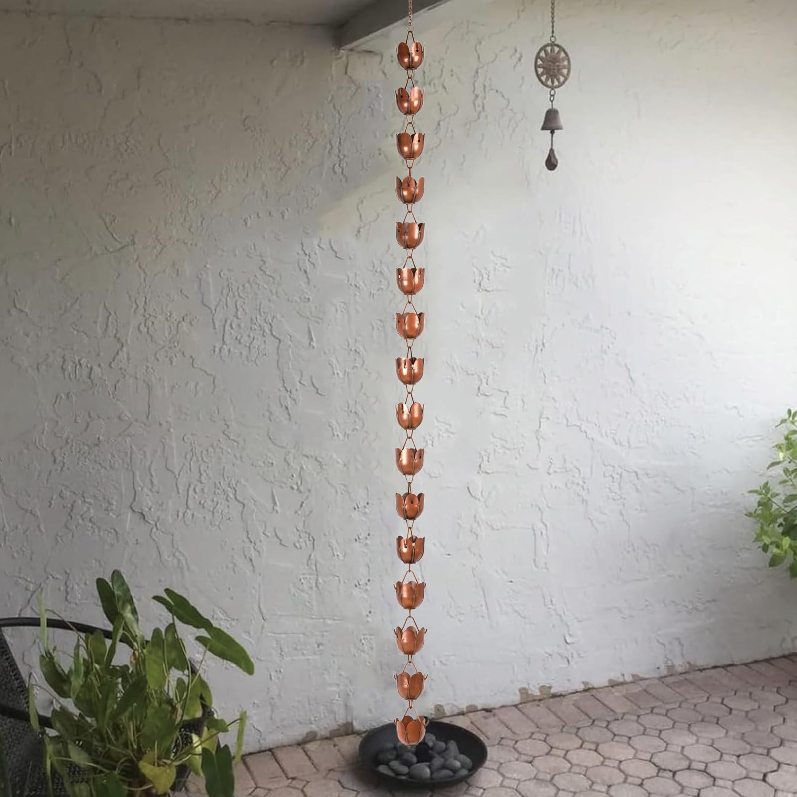 CLYB rain chain beside measuring tape showing 6ft length and suitable scale for single-story roofs