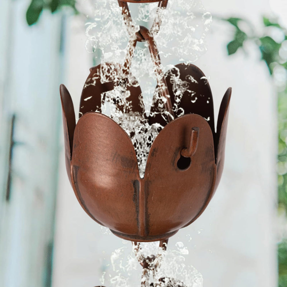 CLYB rain chain channeling water during rainfall showing smooth flow and soothing sound benefit