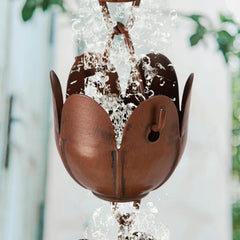 CLYB rain chain channeling water during rainfall showing smooth flow and soothing sound benefit