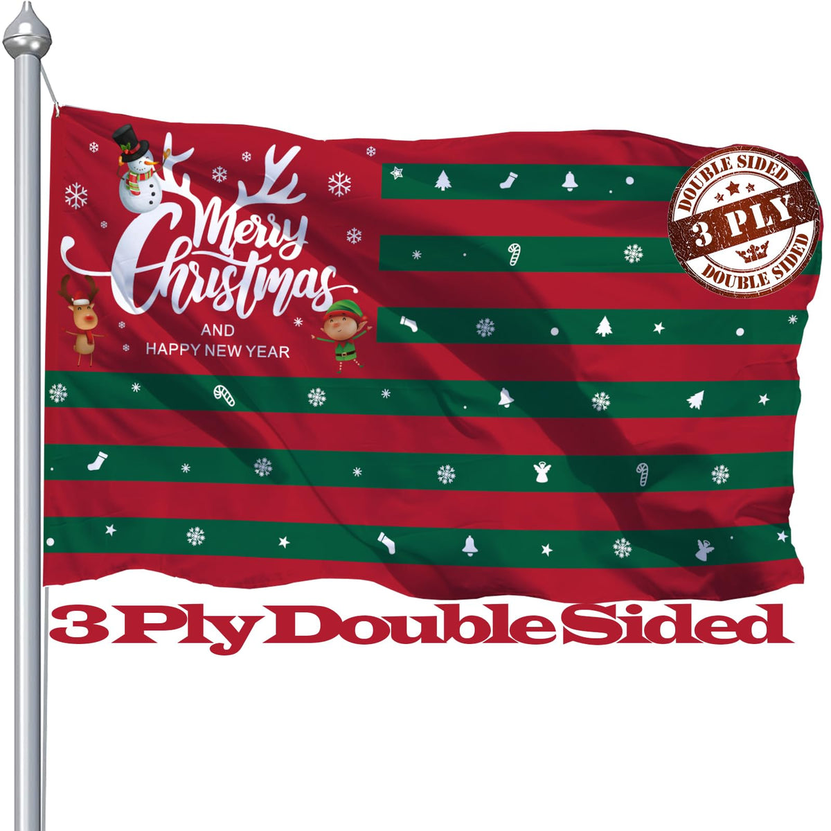 CLYTTE front view 3x5 Merry Christmas flag showing snowman design and visibility