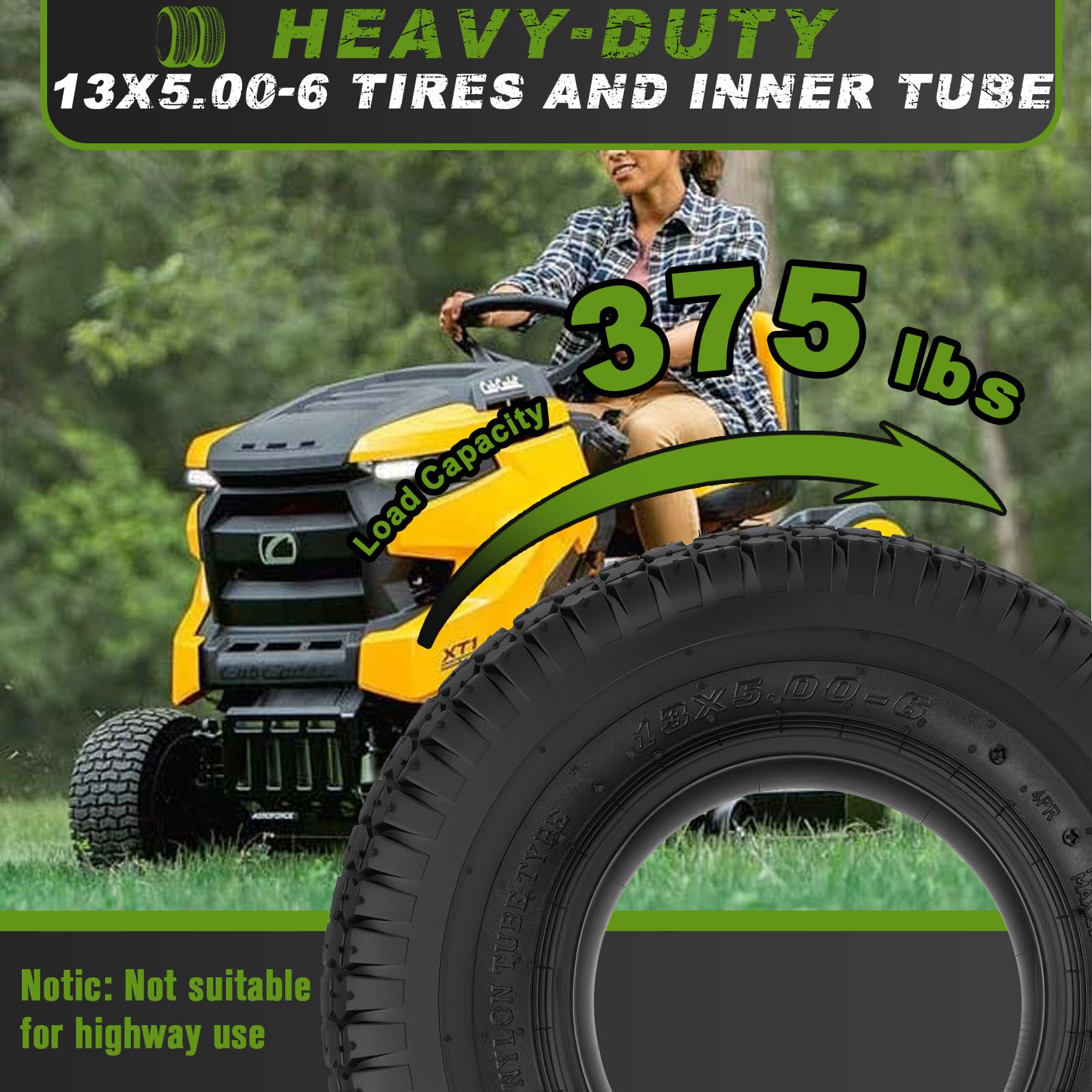 CMOOD tire mounted on a riding mower demonstrating improved stability and load support