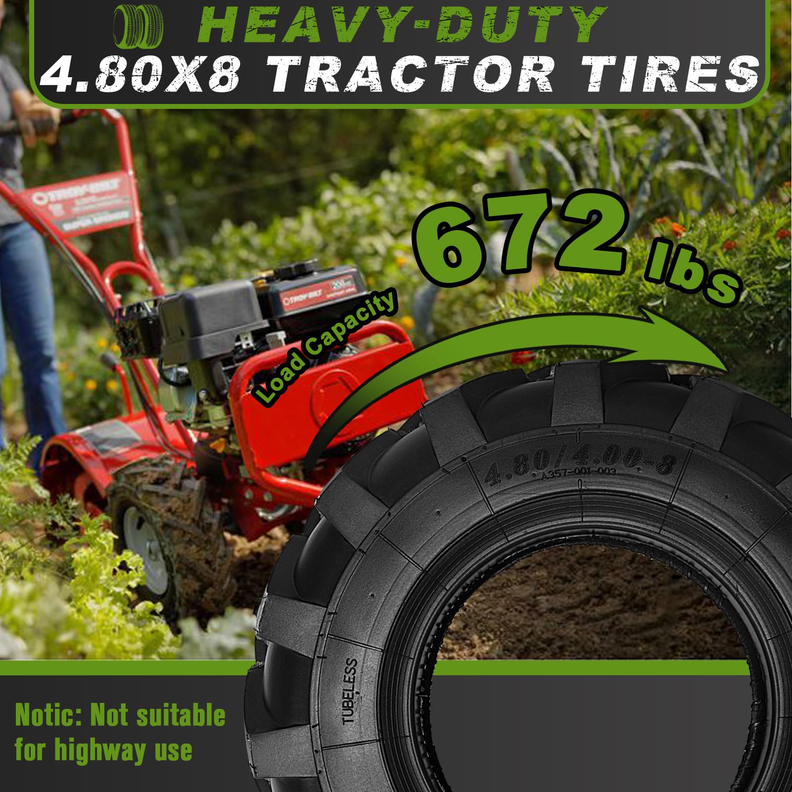 CMOOD pair mounted on garden tractor illustrating improved grip and yard performance