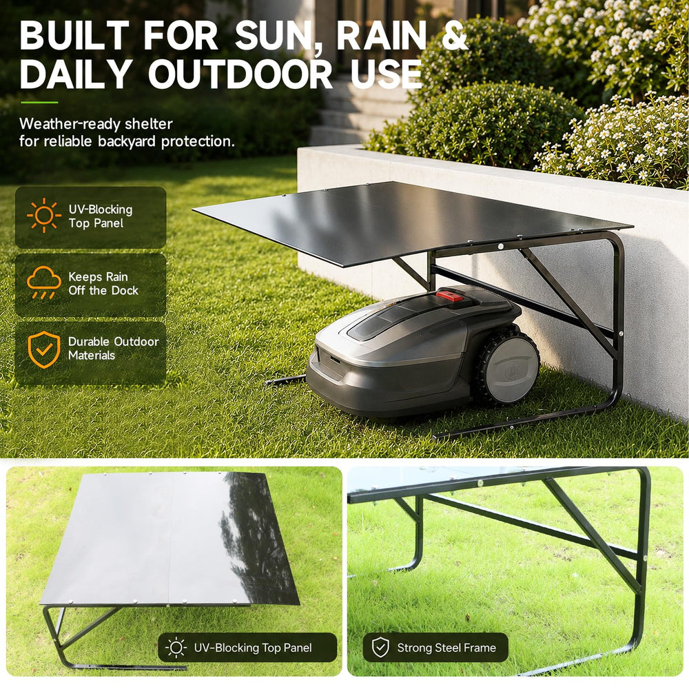 CNAINFC garage in landscaped yard offering discreet, weatherproof mower storage