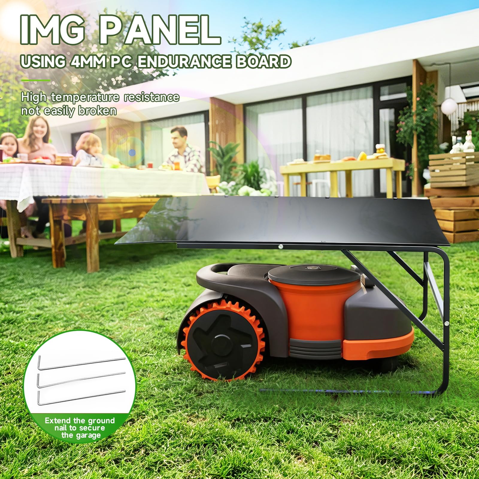 CNAINFC robot mower parked inside garage protecting electronics from weather