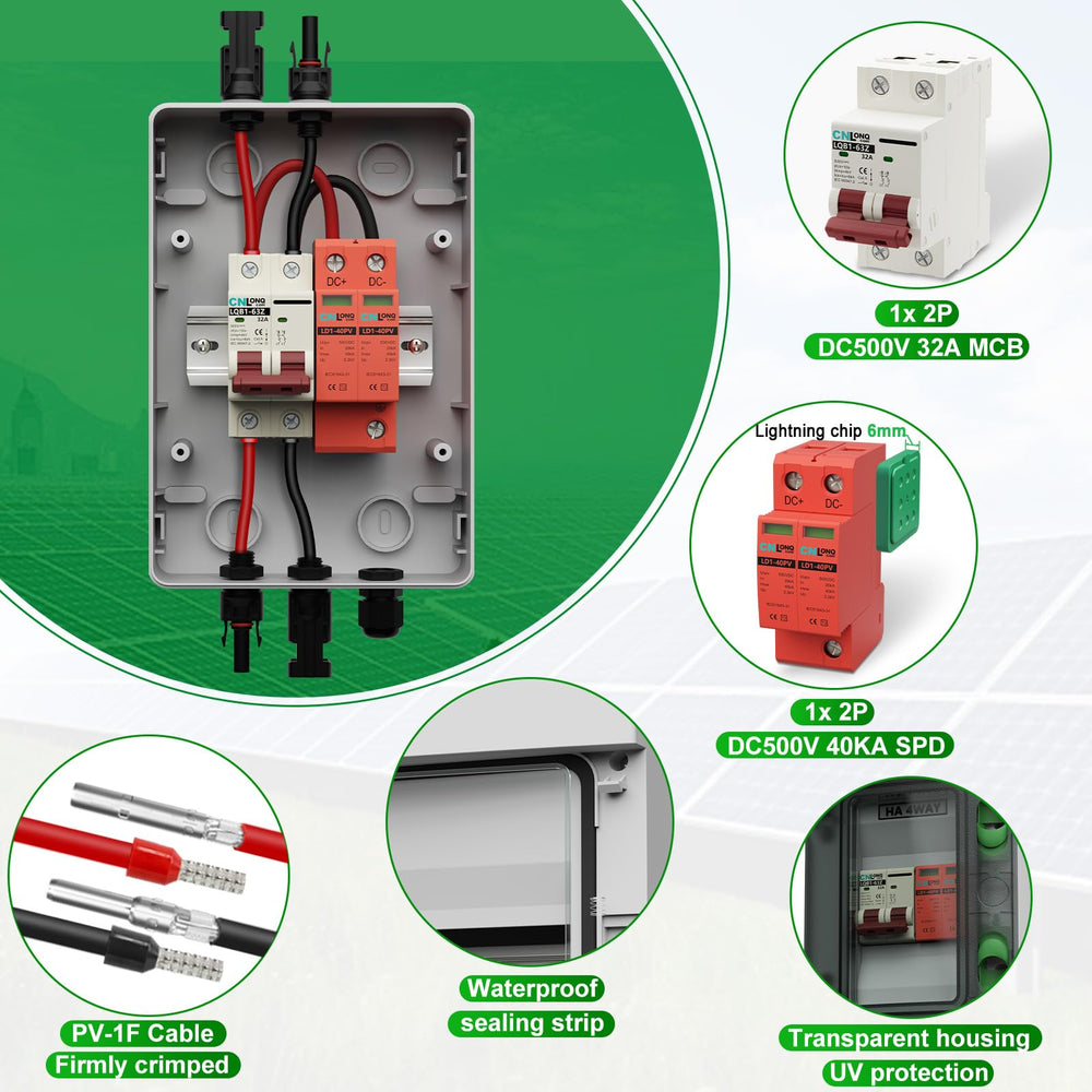 CNLonQcom close-up of 32A DC500V circuit breaker for reliable overload protection
