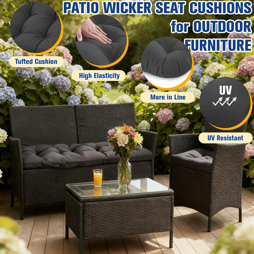 cnsmak cushions in use on wicker loveseat creating a comfortable patio