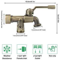 CNYGO bronze faucet threaded outlets detail showing two 3/4" NPT connections for hoses