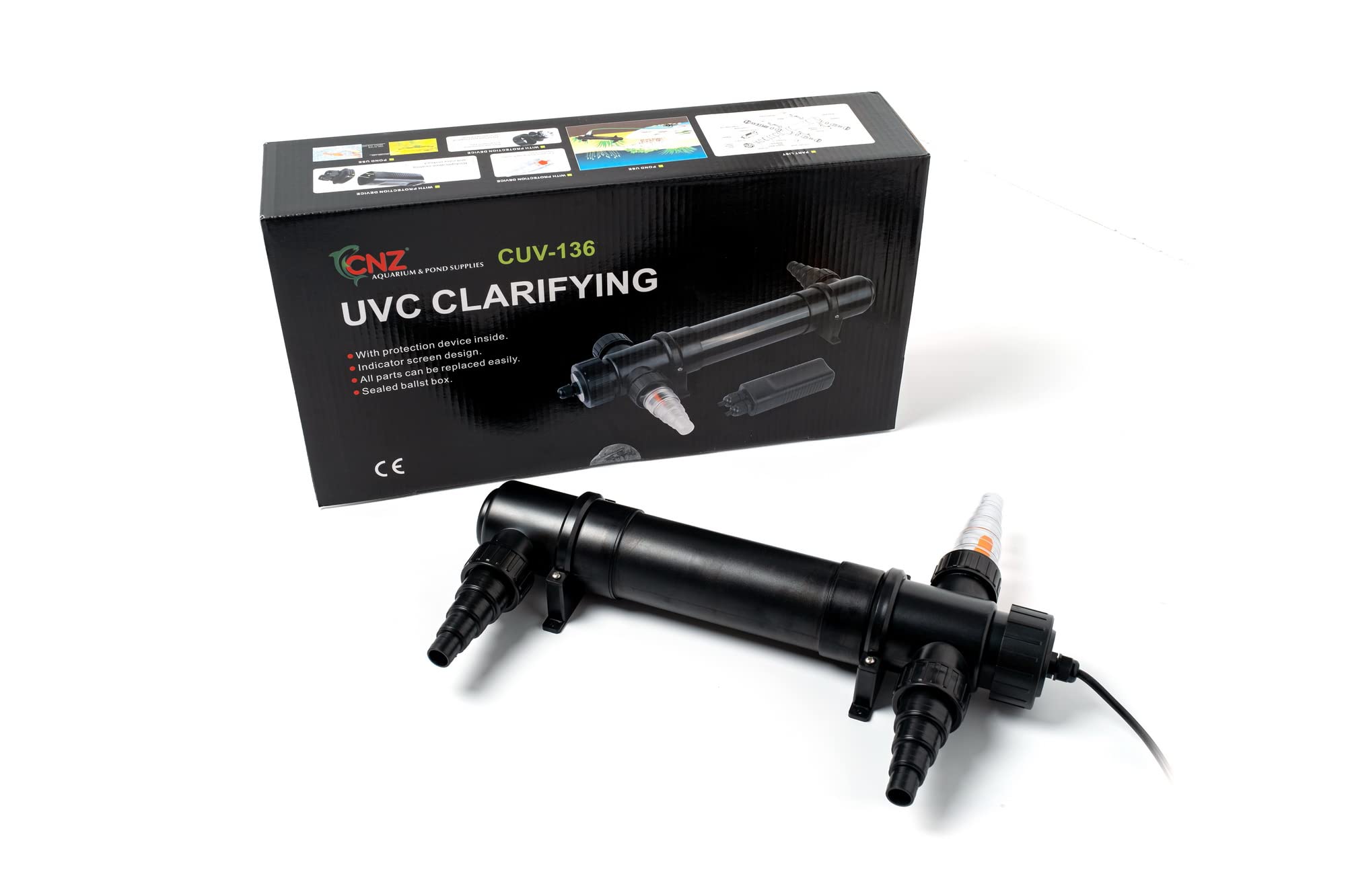 CNZ CUV-136 mounted vertically beside pond filter showing space-saving placement benefit
