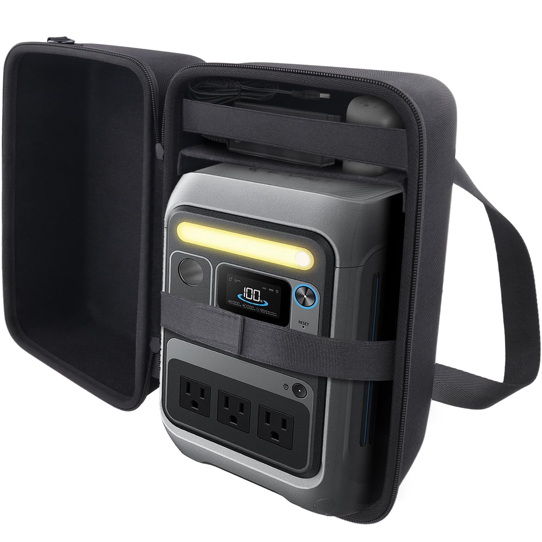 co2CREA open interior with custom layout for Anker SOLIX and accessories for organized storage