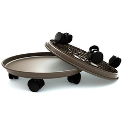 Coadura front view of plant caddy showing round tray and caster wheels for mobility