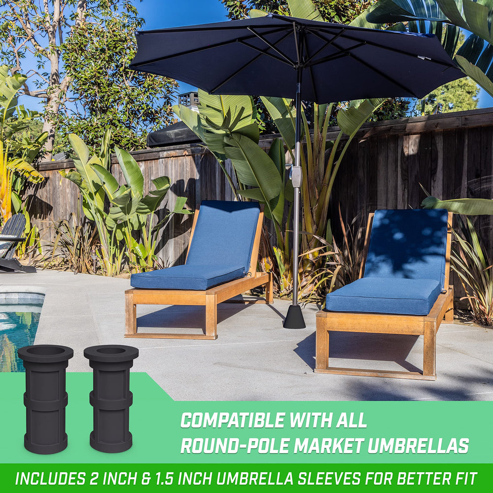 Coast Modern anchor on a patio holding umbrella with light strings for tidy outdoor living