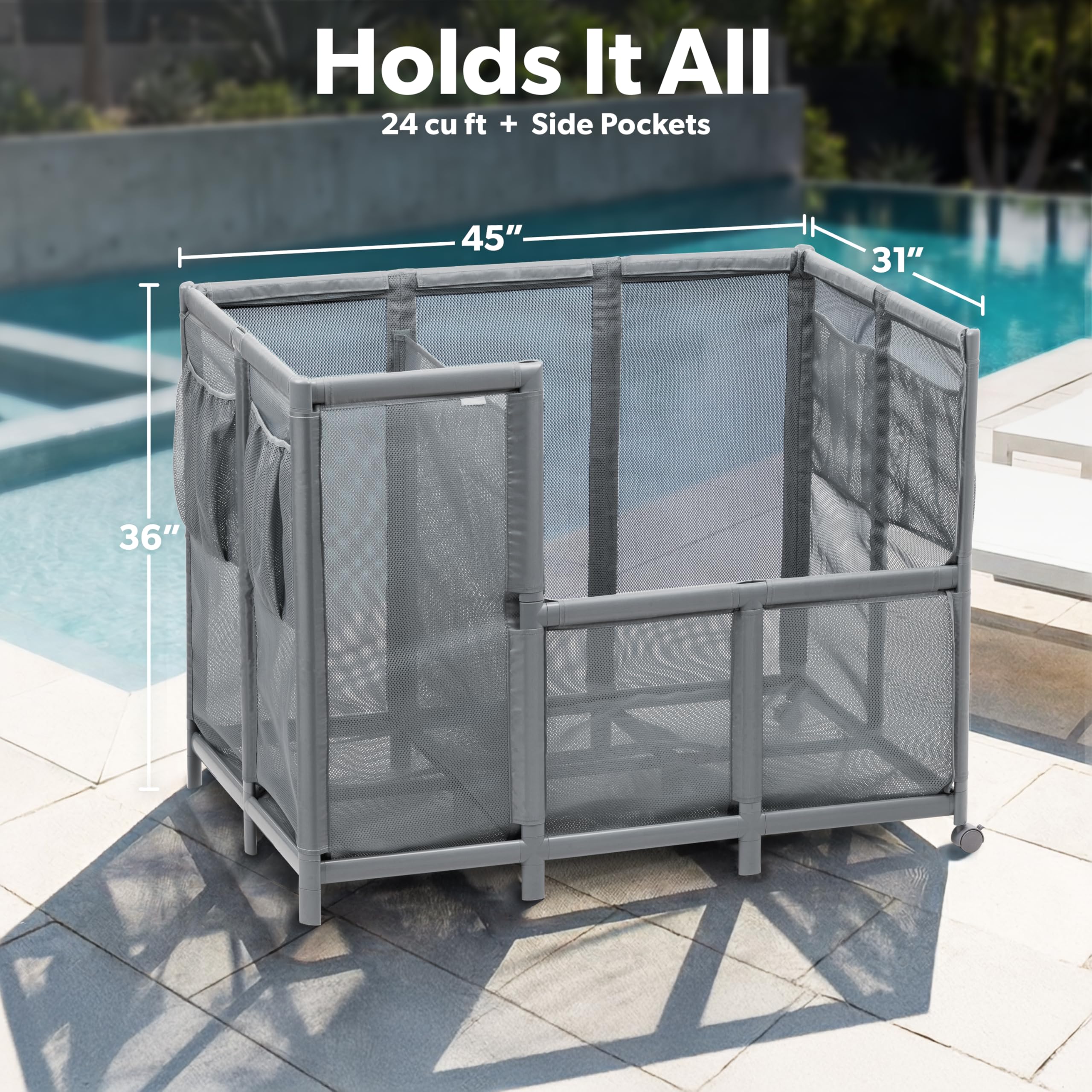 Coast Modern poolside lifestyle with organizer complementing outdoor decor