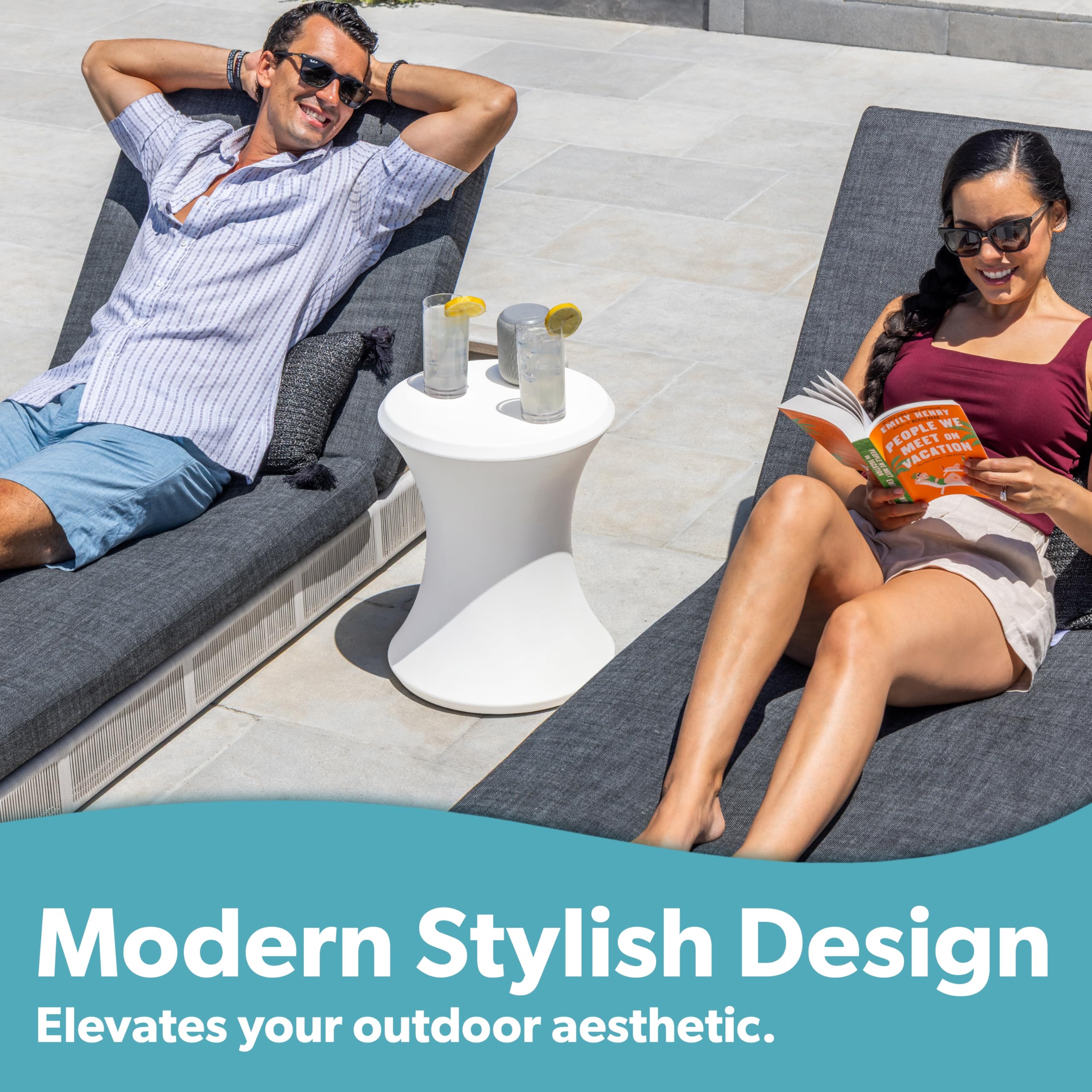 Coast Modern table on patio near loungers showing convenient storage