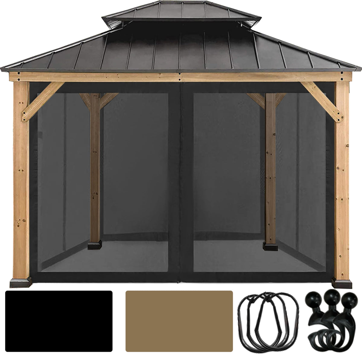 CoastShade front view of four black sidewalls installed providing privacy and insect protection