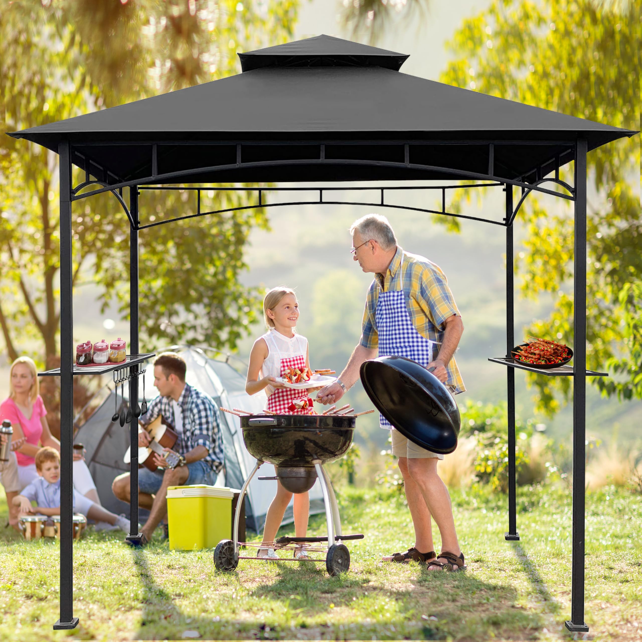 CoastShade canopy in use over grill demonstrates shaded cooking area