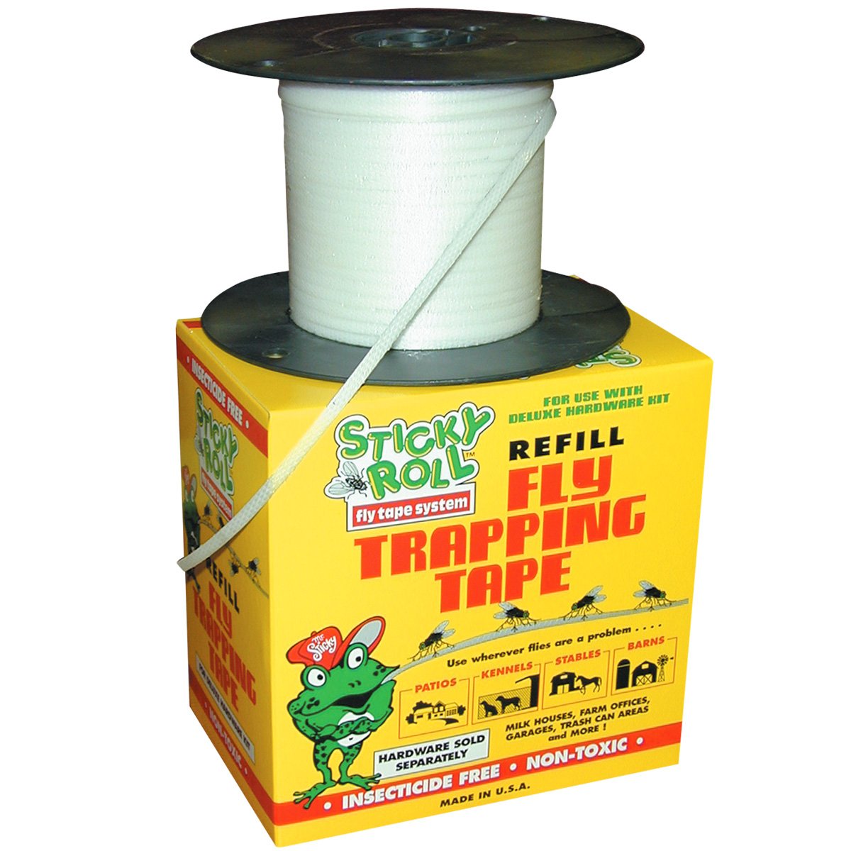 Coburn sticky roll front view showing tape refill and long 1000' length benefit