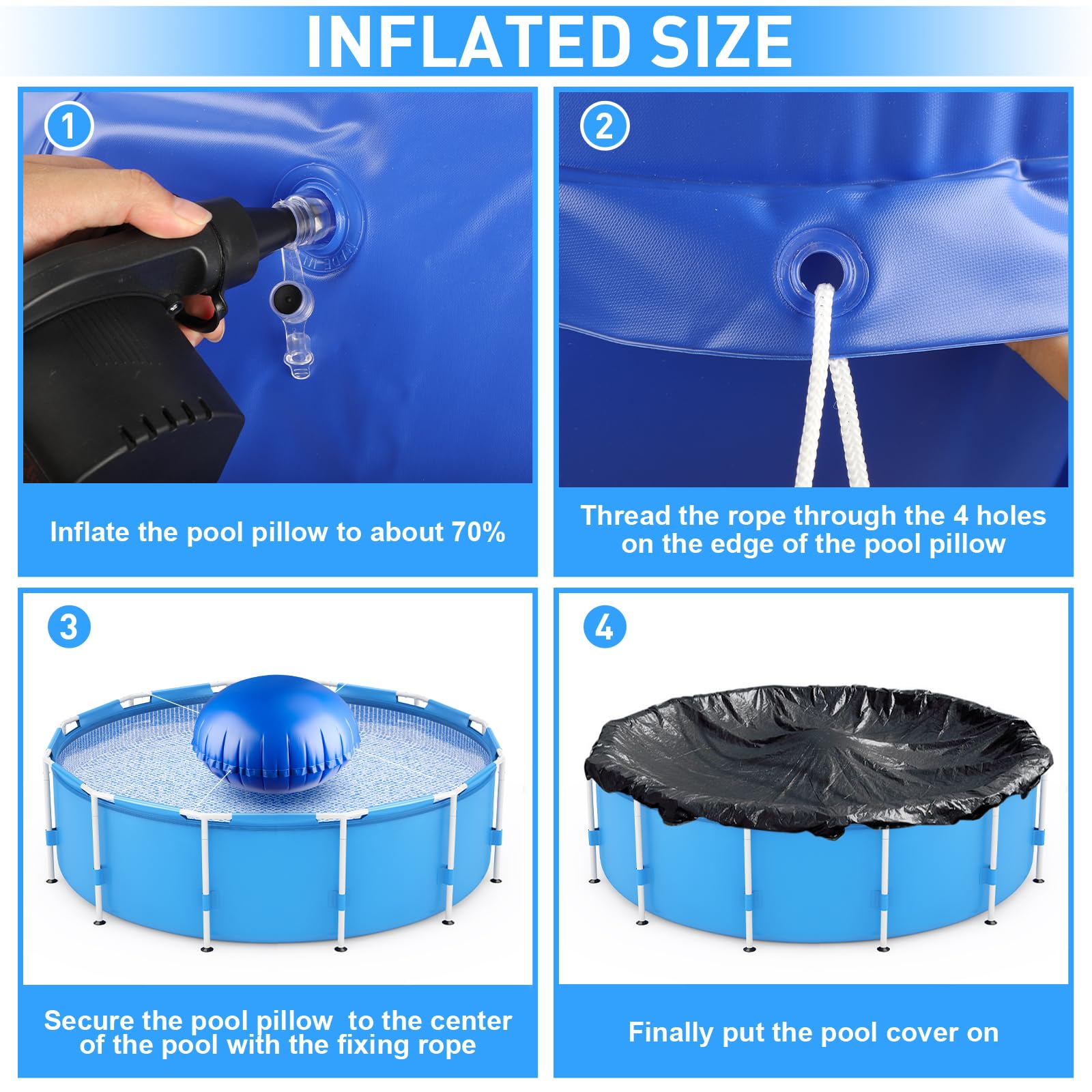 COCHIE rope threaded through grommets, secures pillow to pool center