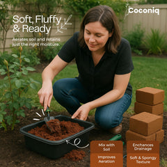 COCONIQ compressed brick close-up highlighting compact size for easy shipping and storage